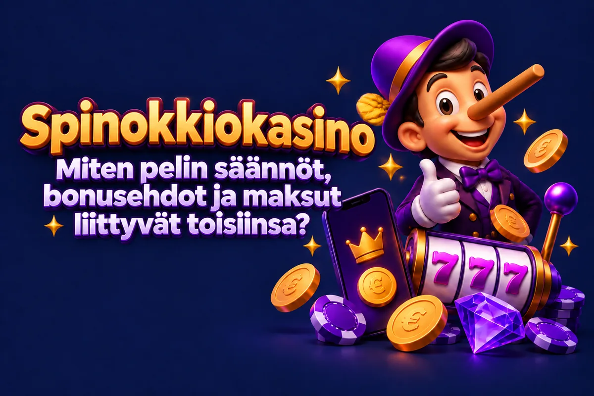Spinokkio Kasinon maskotti, kolikkopeli ja pelimerkit kuvaavat pelisääntöjen, bonusehtojen ja maksujen yhteyttä